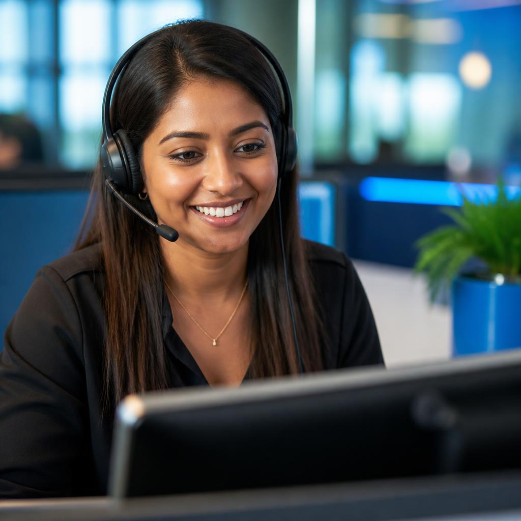 Port 24 customer support agent in a blue polo wearing a headset
